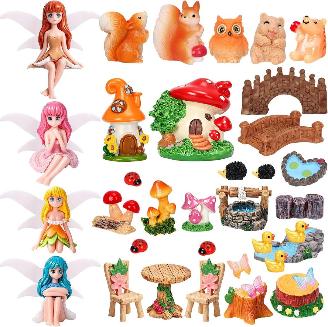 40Pcs Fairy Garden Accessories Miniature Garden Ornaments Kit with Mini Animal Plant Fairies Furniture House Figures Bulk for Micro Landscape DIY Terrarium Potted Plants Dollhouse Decor