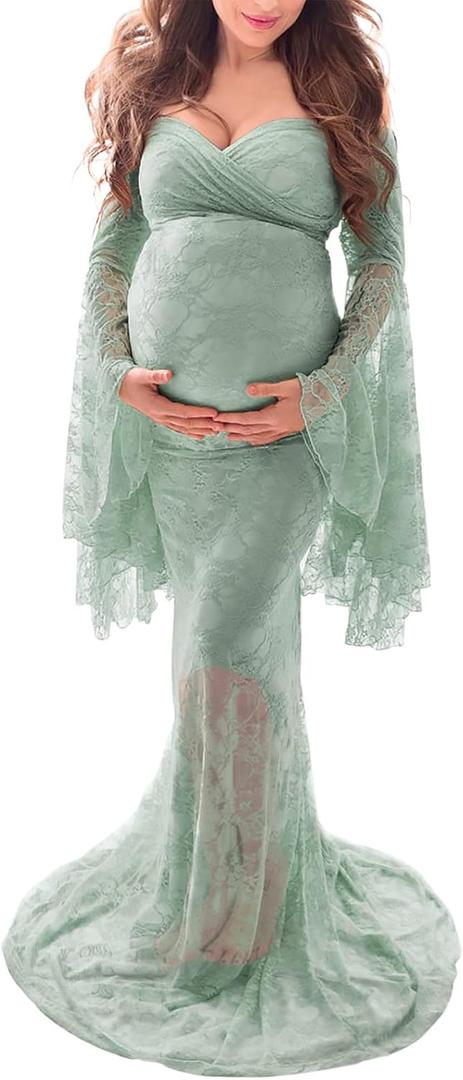 Saslax Off Shoulder Lace Maternity Dress for Photography Maxi Maternity Props Dresses for Photo Shoot Baby Shower (Large, Sage)