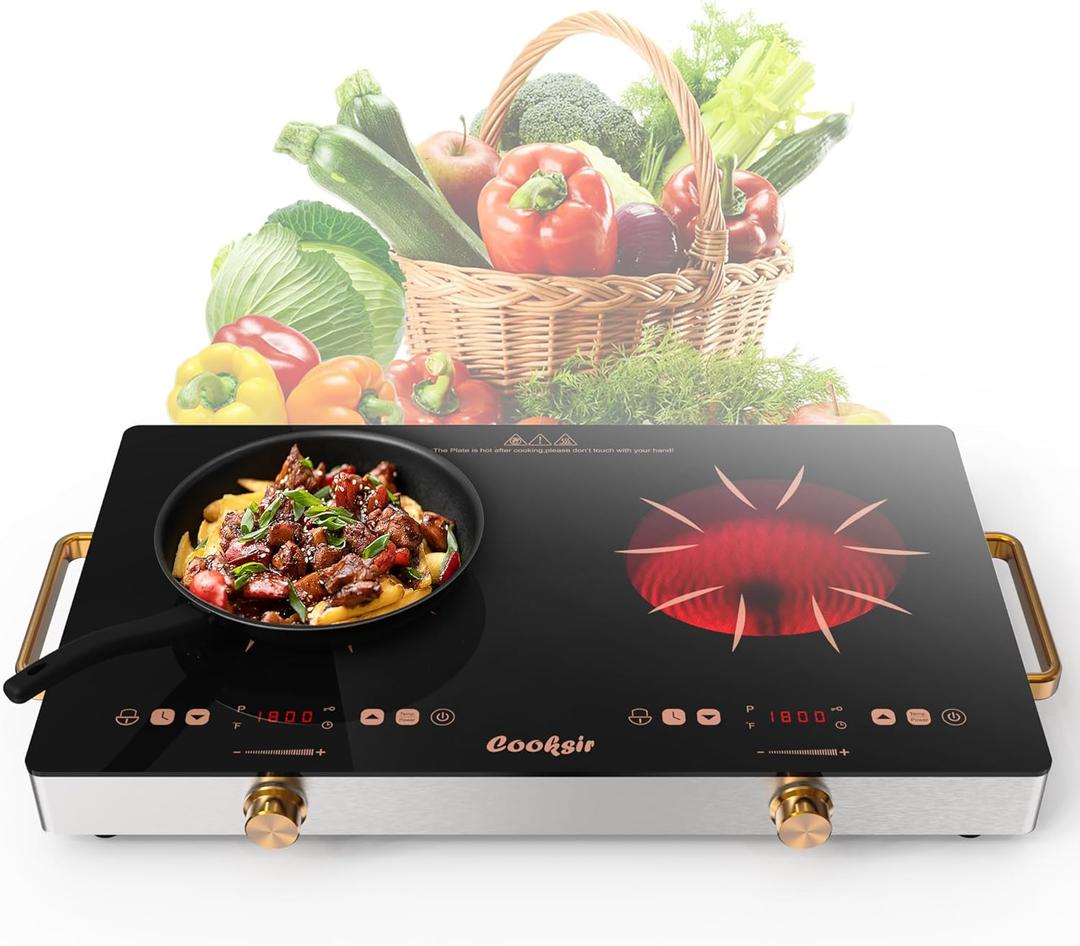 2 Burner Electric Cooktop - 24 Inch Portable Electric Stovetop 110V, 2000W Countertop Tow Burner Ceramic Cooktop with LCD Control Panel, Child Lock, Timer, Knob Control with Plug (Golden)