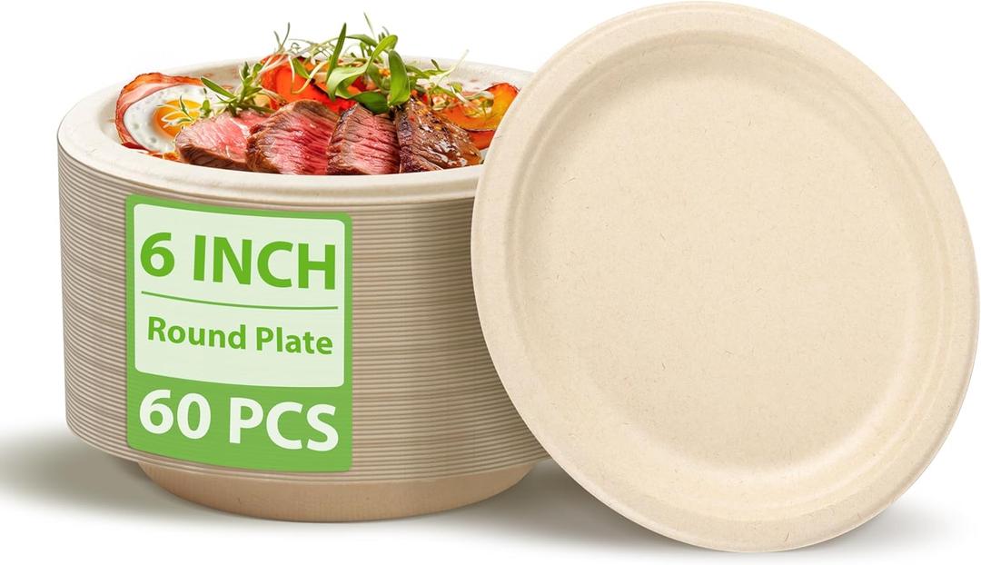 6 Inch 60PACK Bamboo Fiber and Sugarcane Fiber Pulp Disposable Plate Heavy-Duty 100% Biodegradable Tableware Compostable Round Plates for Noodle, Snacks, Dessert, BBQ