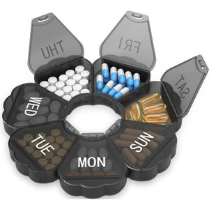 Enlarged Weekly Pill Organizer 7 Day, Daily Pill Box with Never Faded Etched 3D Date Labels, Travel Pill Case with Large Compartment for Medication, Vitamin, Fish Oil, Supplements(Black)