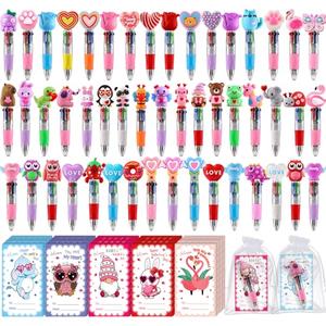 SZCECHRE 50 Pack Valentines Day 4-in-1 Multicolor Cute Animal Pens with Valentines Cards Bags Retractable Fun Ballpoint Pens Bulk for Classroom Prize Office School Gift Exchange