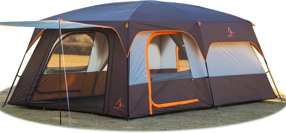 KTT Extra Large Tent 14 Person,Family Cabin Tents,2 Rooms,3 Doors and 3 Windows with Mesh,Straight Wall,Waterproof,Double Layer,Big Tent for Outdoor,Picnic,Camping,Family Gathering(Brown)