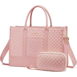 LOVEVOOK Laptop Bags for Women, 15.6 inch Waterproof Work Tote Bag with Clutch, Professional Teacher Computer Purse Lightweight Shoulder Bag Travel, Quilted Pink