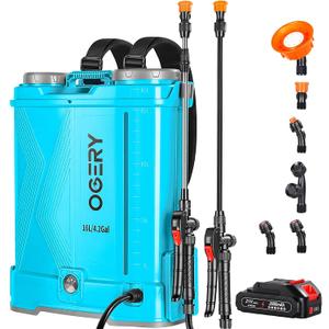 OGERY Battery Powered Backpack Sprayer 4 Gallon, 2.6Ah 21V Battery Electric Pump Sprayer with 6 Nozzles, Telescopic Stainless Steel + Plastic Wand for Lawn Garden Weed Yard Cleaning (Charger Included)