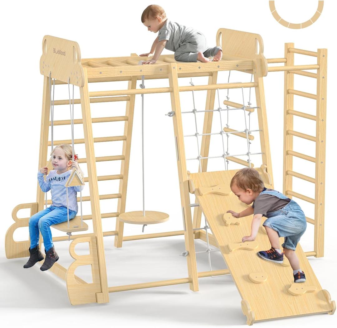 BlueWood Upgraded Indoor Playground 9-in-1 Jungle Gym Kids Climbing Toys, Waldorf Style Wooden Climber Playset with Slide, Swing, Monkey Bars, Upright/Rope Ladder, Climb Net, Natural Wood