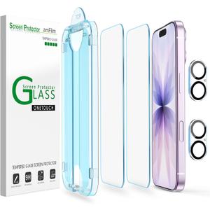 AmFilm OneTouch Screen Protector for iPhone 17 6.3'' 2025 + Camera Lens Protector | Auto-Alignment install | Bubble Free | 9H+ Military-Grade Tempered Glass | FHD Clarity | Case Friendly | 2+2 Pack