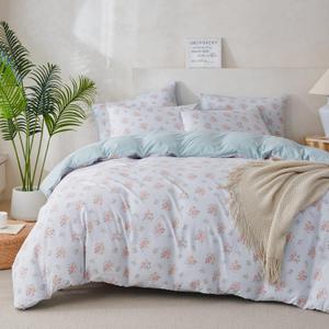 Queen Size Comforter Floral 3 Pieces Soft Cute Floral Bedding Lightweight Blue Garden Style Floral Botanical Comforter for All Seasons and 2 Pillowcases (Queen(90"x90"))