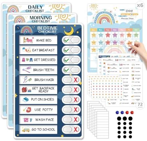 Upgraded Slider 4 in 1 Reward Chart for Kids, Reusable Bedtime/Morning/Daily Routine Chart for Kids, Magnetic Chore Chart for Kids Toddlers, Sticker Chart for Kids Behavior Chart for Kids at Home