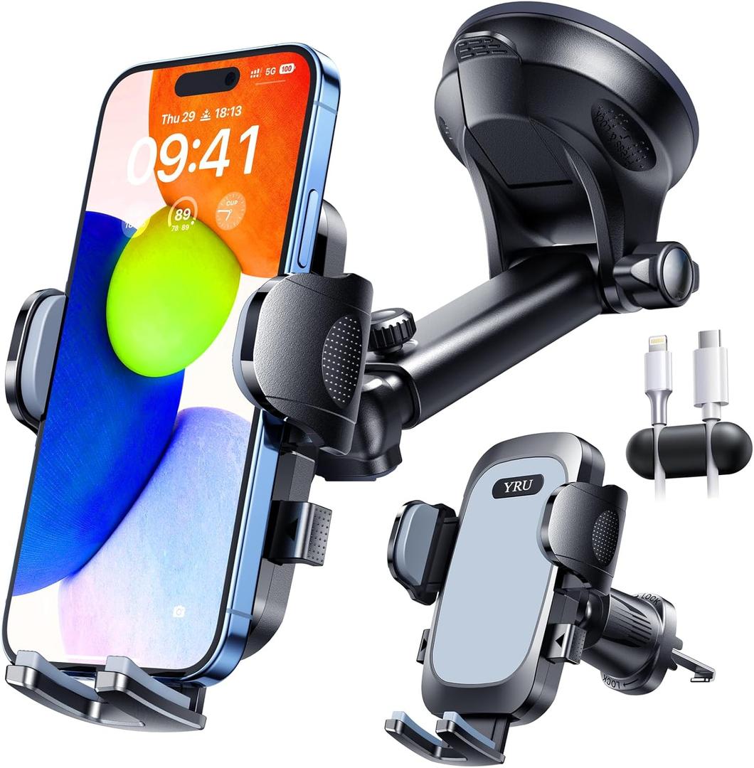True Military-Grade & 360 Degrees Rotatable Suction 2025 YRU Ultimate Car Phone Holder Mount 90+LBS Safest Strongest Patent Certs Dashboard Windshield Vent for iPhone 16 15 Pro Max Samsung, Light Grey