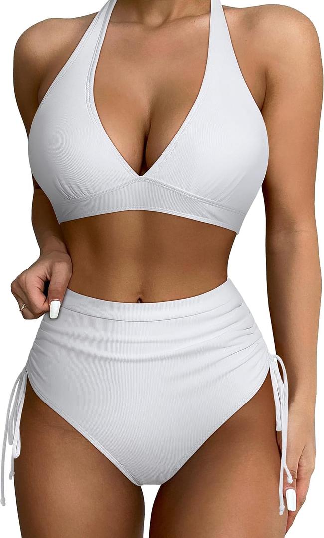 SUUKSESS Women Ribbed High Waist Bikini Sexy Drawstring Tummy Control Swimsuits (Medium, White)