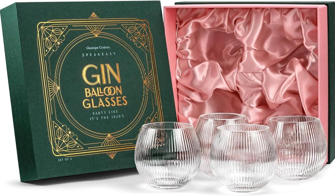 Vintage Art Deco Gin and Tonic Balloon Glasses | Set of 4 | 13.5 oz Stemless Crystal Copas for Drinking Gin Cocktails | Retro Gift Goblets for Gin Lovers | Bubble Cups for Bar Drinks