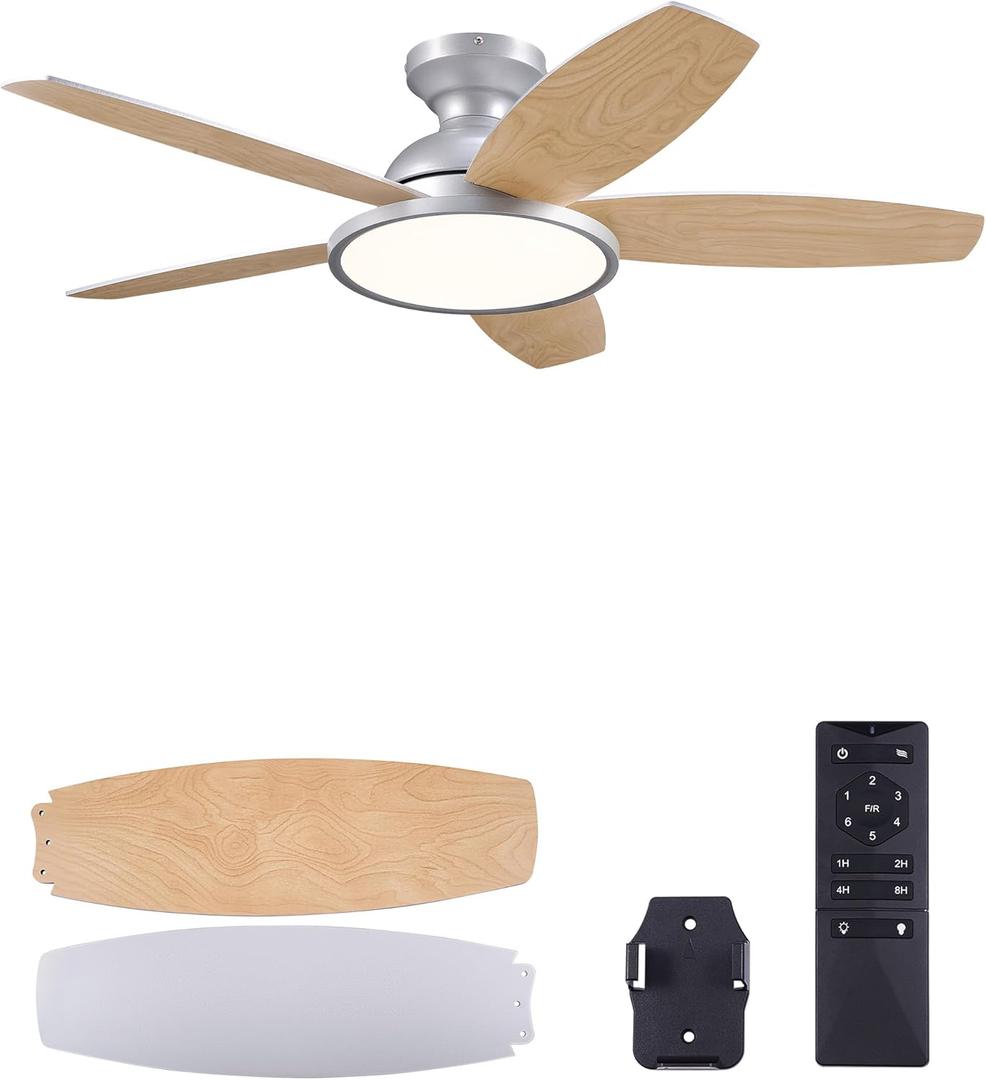VONLUCE Ceiling Fans with Lights, 42 Inch Ceiling Fan and Remote, Full-spectrum LED Light, 3CCT, 6-Speeds Noiseless Reversible DC Motor, Modern Flush Mount Ceiling Fan for Farmhouse Bedroom Indoor (Nickel)