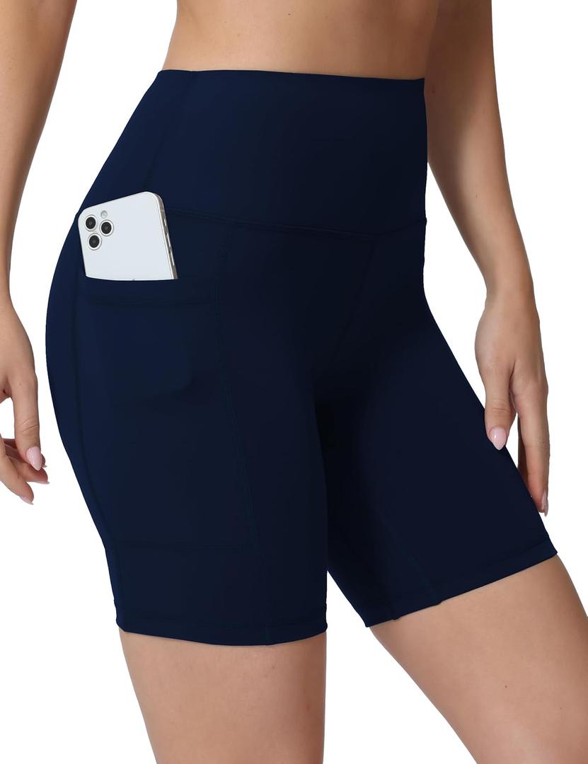 Womens Biker Shorts with 2 Pockets 8" High Waisted Tummy Control Workout Yoga Running Gym Shorts True Navy
