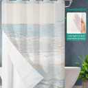 No Hook Blue Beige Farmhouse Shower Curtain with Snap in Liner Set, Vintage Wooden Striped Waterproof Fabric Bathroom Curtains with See Through Top Window, Hotel Style Long 72 x 78 Inch
