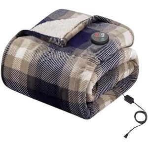GOTCOZY Heated Blanket Electric Throw 50''X60''- Electric Throw Blanket with One Touch Button 10 Heating Level & 9 Time Settings Heating Blanket, Machine Washable (Check Navy)