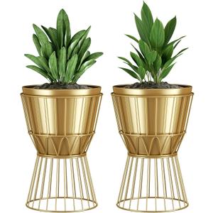 Planter with Stand Gold Metal Plant Pot with Stand - 12 Inch Unique Modern Flower Pots Indoor with Gold Plant Stand with Drainage, 2 Pack