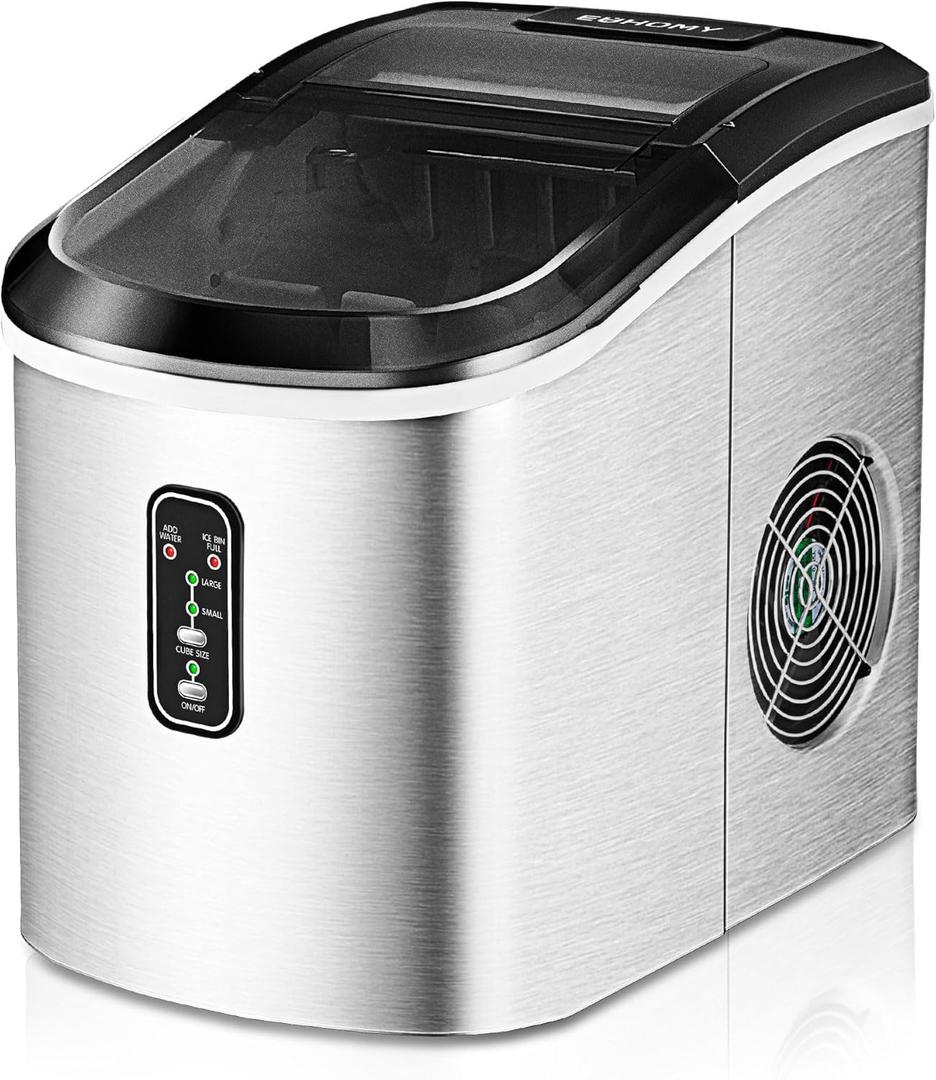 EUHOMY Ice Maker Countertop Machine - 26 lbs in 24 Hours, 9 Cubes Ready in 8 Mins, Electric Ice Maker and Compact Portable Ice Maker with Ice Scoop and Basket, Perfect for Home/Kitchen/Office(Sliver) (Steel Silver)