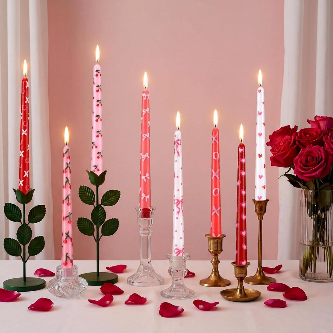 Lounsweer 8 Pcs Valentine Taper Candles 10 Inch Pink Red Heart Decorative Candlesticks Long Unscented Taper Candles for Birthday Wedding Anniversary Party Home Table Decor Holiday Gift