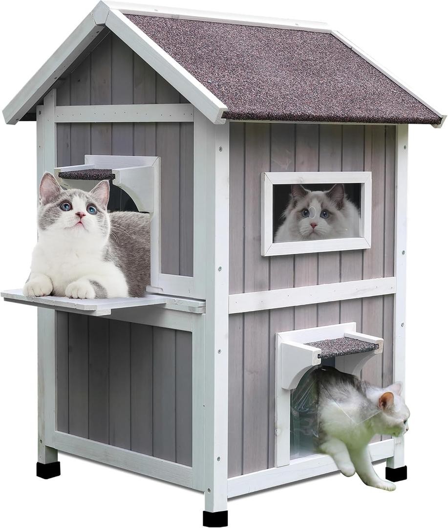 Rockever Outdoor Cat House, Large Outdoor Houses for Feral Cats Wooden Outside Cat Shelter Weatherproof with Escape Door,  Product Dimensions 20.8"D x 24.4"W x 36.2"H, Set name: Grey-with Mat