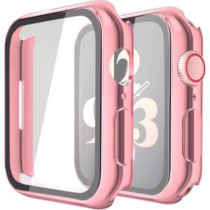 Misxi 2 Pack Hard PC Case with Tempered Glass Screen Protector Compatible with Apple Watch Series 9 (2023) Series 8 Series 7 45mm, Ultra-ThinCover for iWatch S9/S8/S7, 1 Rose Pink + 1 Transparent