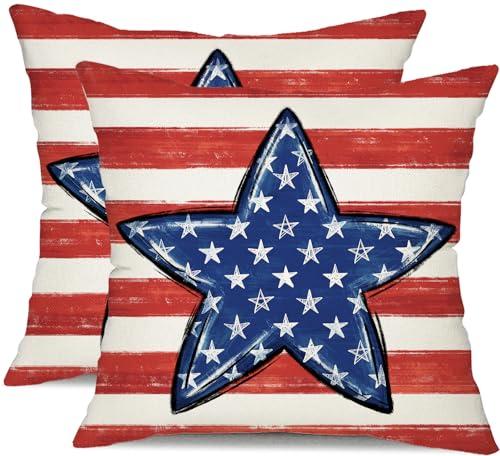 DFXSZ 4th of July Pillow Covers 20x20 inch Set of 2 Blue Big Stars Decor Red White Stripe Throw Pillow Cover Independence Day Decorative Cushion Cases for Home Sofa Couch Chair Living Room 112C