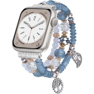 V-MORO Beaded Bracelet Compatible with Apple Watch Band 38mm/40mm/41mm/42mm(Series 10) 9 8 7 6 SE 5 4 Women Fancy Dressy Handmade Elastic Stretchy Strap Replacement Wristband Series 3 2 1(Gray) (Grey Blue)