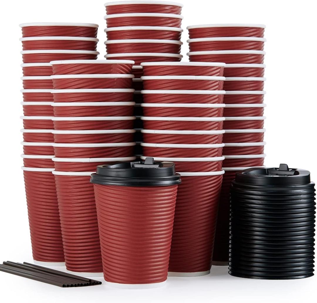 LITOPAK 80 Pack Insulated Ripple Wall 12 oz Disposable Paper Cups, Three Layer Insulated Hot Paper Coffee Cups with Lid and Straws for Parties, Picnics, and Travel (Red)