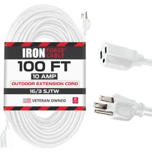 Iron Forge Cable Weatherproof 100 Ft Outdoor Extension Cord - 16/3 SJTW Heavy Duty White Extension Cord 3 Prong - 13 Amp Exterior Power Cable