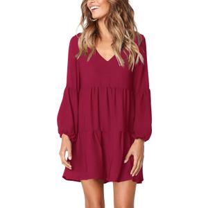 Amoretu Womens Tunic Dress Long Sleeve V Neck Casual Loose Flowy Swing Shift Dresses (Small, Burgundy)