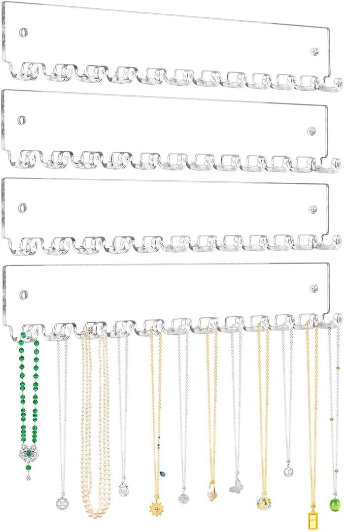 Acrylic Necklace Holder 4 Pack Wall Mounted Necklace Organizer Hanging Jewelry Organizer with 12 Hooks for Necklaces, Bracelets, Rings and Bangles Display