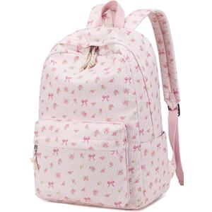 BTOOP School Backpack for Teens Large Corduroy Bookbag Lightweight Girls Boys Casual High School College 17 inch Laptop Travel Bag (Pink Bow Floral-1)