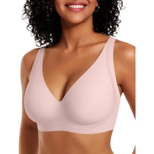 OEAK Womens Comfortable Deep V Bras Wireless Push Up Seamless Full Coverage Bralettes Supportive Bra Raceback Tshirt Bras (X-Large, Pink)