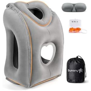 Sunany Travel Pillow, Upgraded Plane Pillow for Long Flights, Inflatable Neck Pillow Used for Airplanes,Cars,Buses,Trains,Office Napping with Eye Mask,Earplugs (Gray)