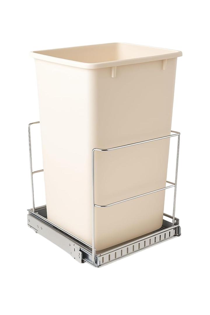 Pull-Out Trash Can for Cabinet - 9 Gal / 36 qt - Heavy-Duty Chrome, Smooth Slide with Trash Bag Storage - Requires at Least 11" Cabinet Opening (Trash Bin Not Included)