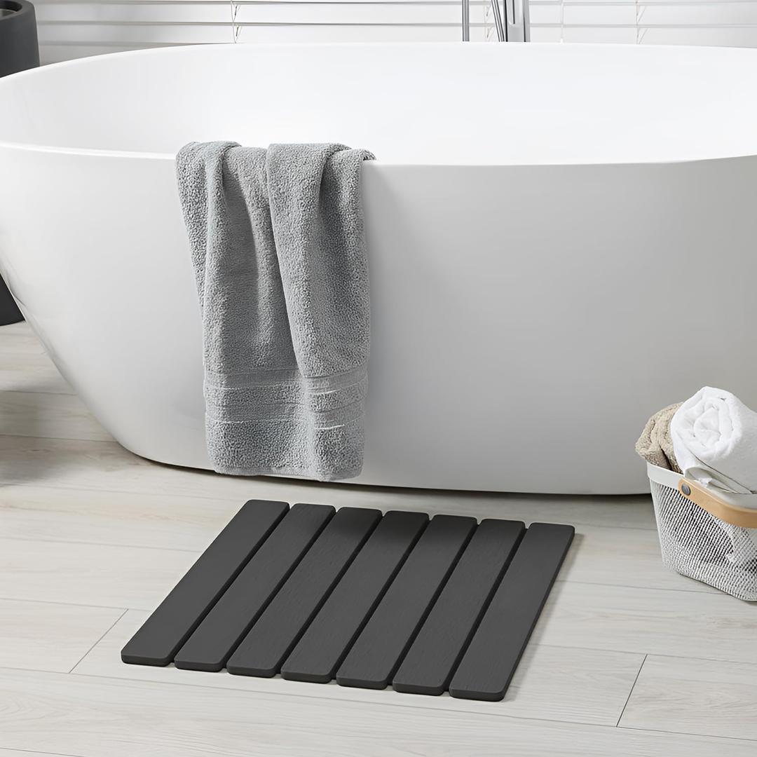 Meowoo Foldable Stone Bath Mat, 16"x12" Diatomaceous Earth Bath Mat, Non-Slip Quick Dry Bathroom Floor Mats, Super Absorbent, Easy to Clean, Stone Bathroom Floor Mats for Bathtub Front - Dark Gray