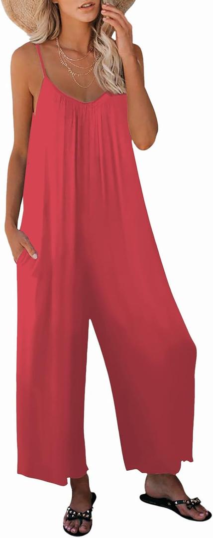 Womens Casual Sleeveless Strap Loose Adjustable Jumpsuits Stretchy Long Pants Romper with Pockets (Red, L)