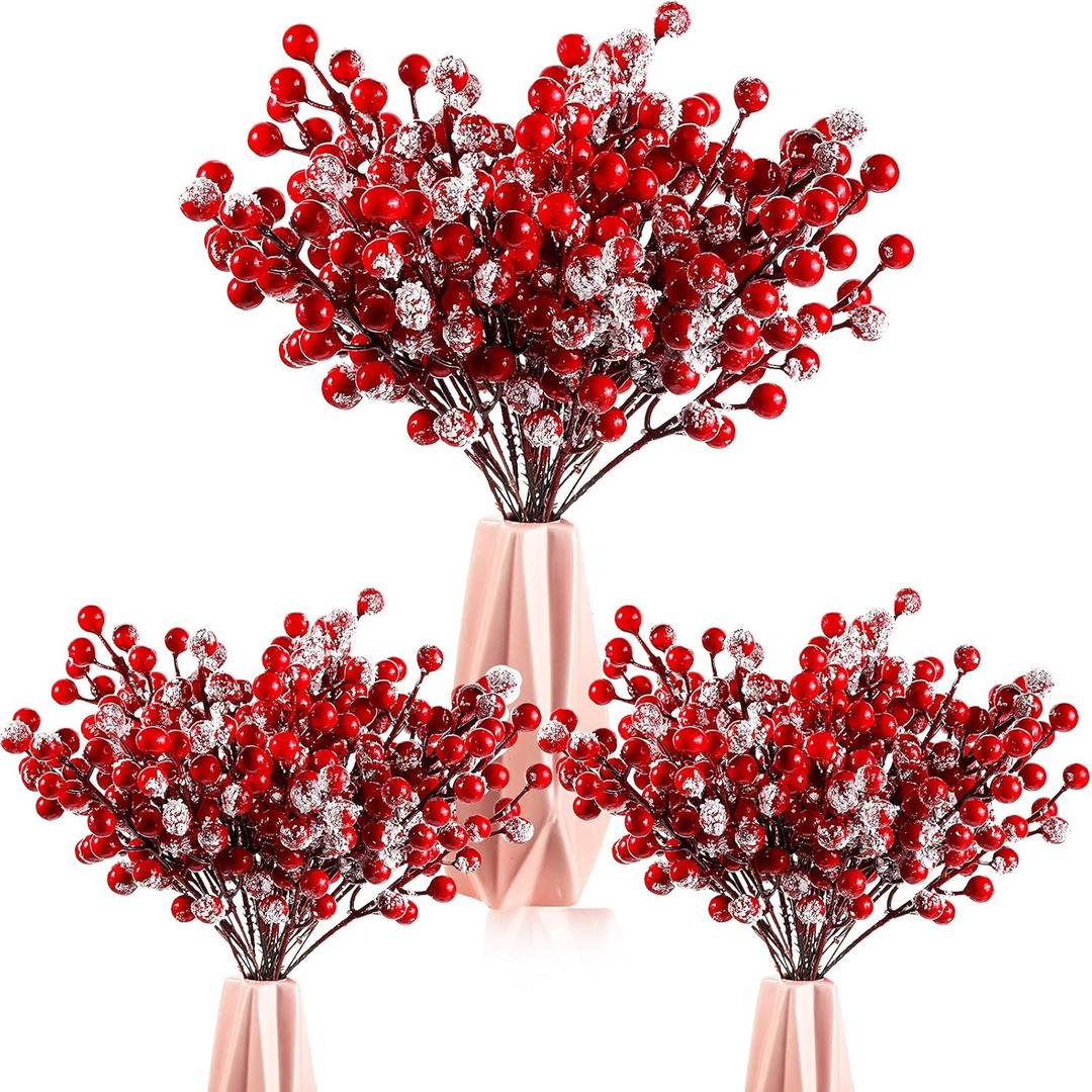 Geosar 30 Pieces Artificial Christmas Berry Picks with Snowflake Glitter Artificial Holly Berry Stems for Christmas Tree Ornaments Vases DIY Crafts Home Wedding Party Holiday Decor(Red)