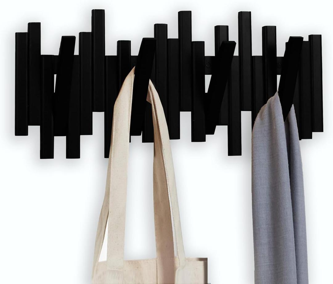 MinBoo Bamboo Multi Hook Coat Rack -Decorative Hooks for Wall Modern, Unique, Space-Saving Coat Hanger with 4 Flip-Down Hook for Hanging Coats, Christmas Decorations Wall Hooks for Hanging,Black