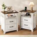 Decofy Farmhouse 2-Drawer Nightstand Set of 2 with Charging Station, White, 2 Pack