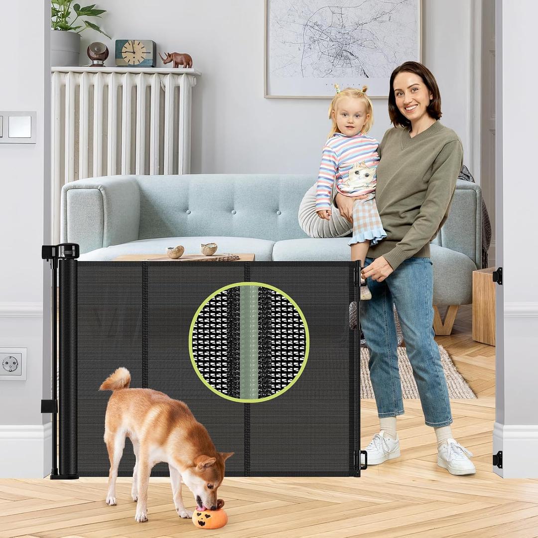 Reinforced 55" Wide Retractable Baby Gates with Reinforced Strips, Indoor/Outdoor Retractable Dog Gate for Doorway Prevent Bottom Drilling Through, No Bottom Bar Safety Mesh Baby Gate for Stair, Black