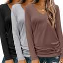 Zeagoo 3 Pack Womens T Shirts V Neck Long Sleeve Shirt Casual Tops Soft Solid Basic Tee Fall Outfits S-XXL (Large, Black, Brown, Grey)