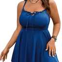 SCOMCHIC Womens Plus Size Swim Dress One Piece Swimsuit Tummy Control Bathing Suit Ruffle Tie Front Ruched Swimdress Swimwear (Blue, XXXL)