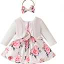 ZAXARRA Toddler Baby Girls Fashion Outfits Sleeveless Flower Print Dress Long Sleeve Ruffle Coat Bow Headband Clothing sets (5-7 Y, White)