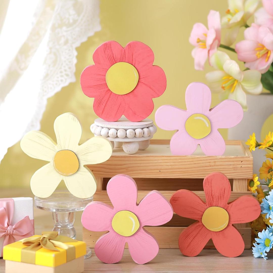 Threehoney Spring Wooden Flowers Decor Wooden Daisy Art Spring Floral Tiered Tray Decor Farmhouse Daisy Table Centerpieces for Home Desk Shelf Easter Tabletop Decoration(Pink)