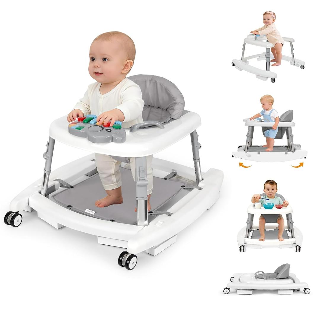 5-in-1 Baby Walker for Boys and Girls Music and Lights 6-18 Month, Foldable Baby Walkers with 5 Adjustable Heights, Infant Toddler Walker with Wheels and Combo Portable (White)