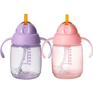 Tommee Tippee Starter Weighted Straw Baby & Toddler 10oz Sippy Cup for 6 Months+, with Silicone Weighted Straw and EasyHold Handles, BPA Free, Pink & Purple, Pack of 2
