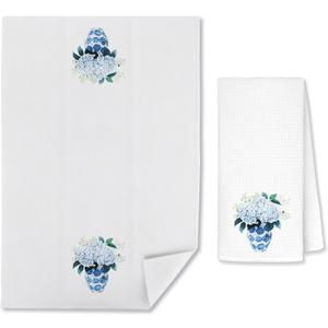 Blue Hydrangea Printed Towel 16x24 Inch - Decorative Hand & Dish Towel with Porcelain Vase Pattern, Kitchen Bath Decor, Housewarming Gift