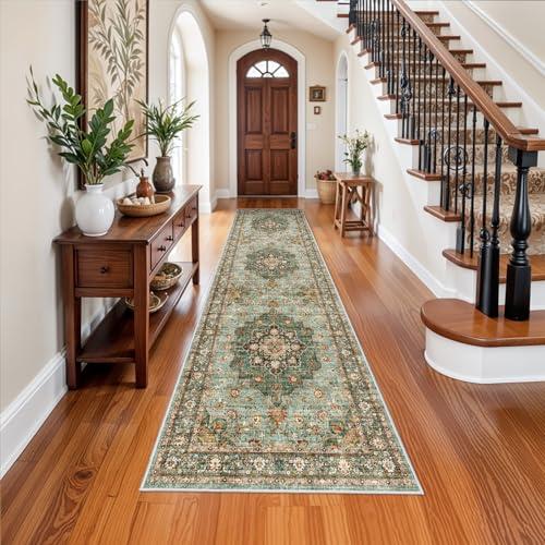 Washable Oriental Hallway Runner Rug - 3x12 Rugs for Living Room Soft Carpet for Bedroom Kitchen Waterproof Floral Distressed Indoor Stain Resistant Non-Shedding Floor Carpets (Green, 3X12)