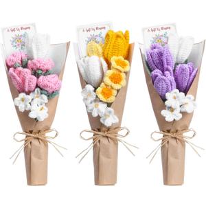 Eurzom 3 Pack Crochet Flower Bouquet with Greeting Card Handmade Crochet Tulips Preserved Flowers Bouquet Gifts Mother's Day Graduation Birthday Wedding Home Office Decor for Her